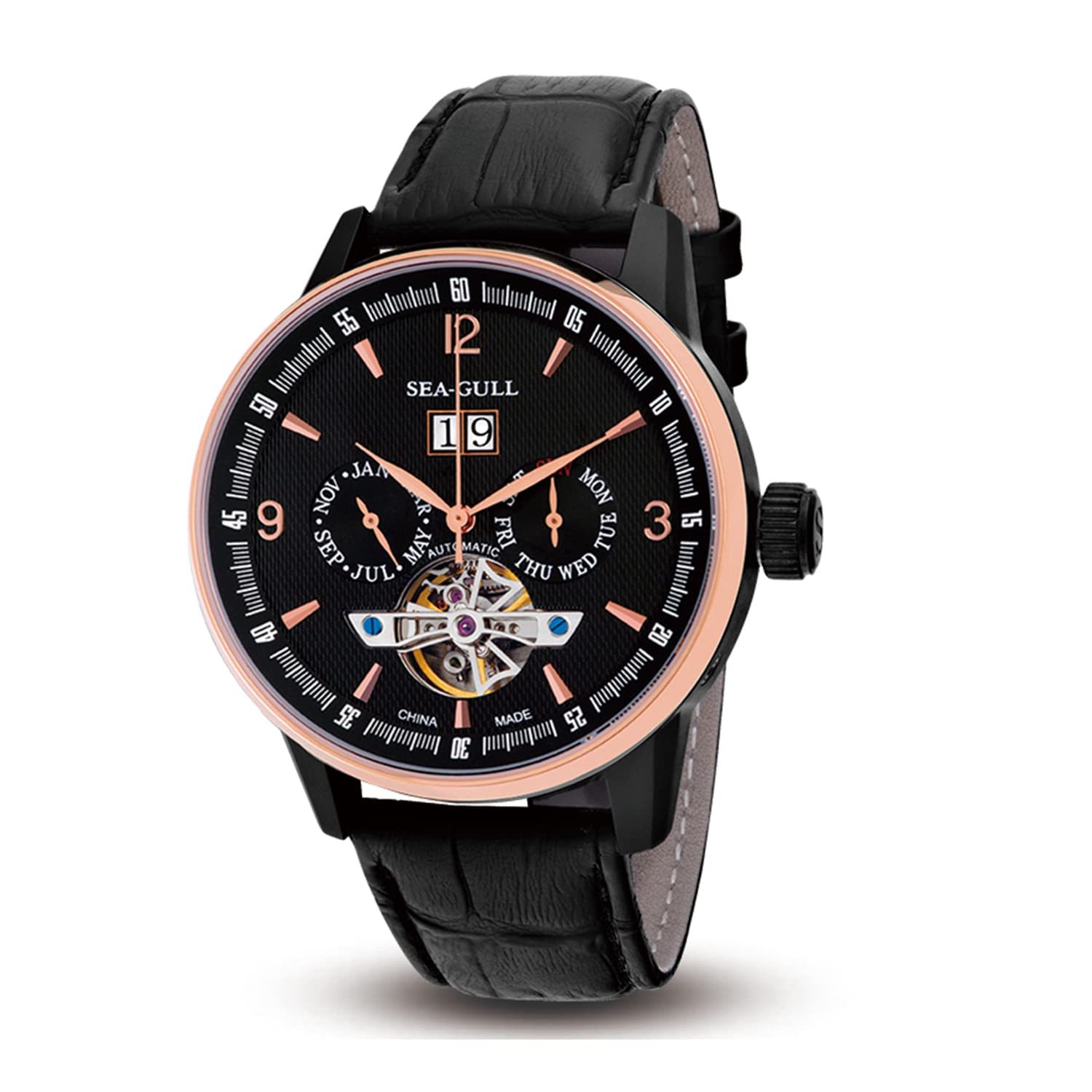 SEA-GULL Seagull 219.328 - Orologio automatico con scheletro e calendario mensile, settimanale, volano, da uomo