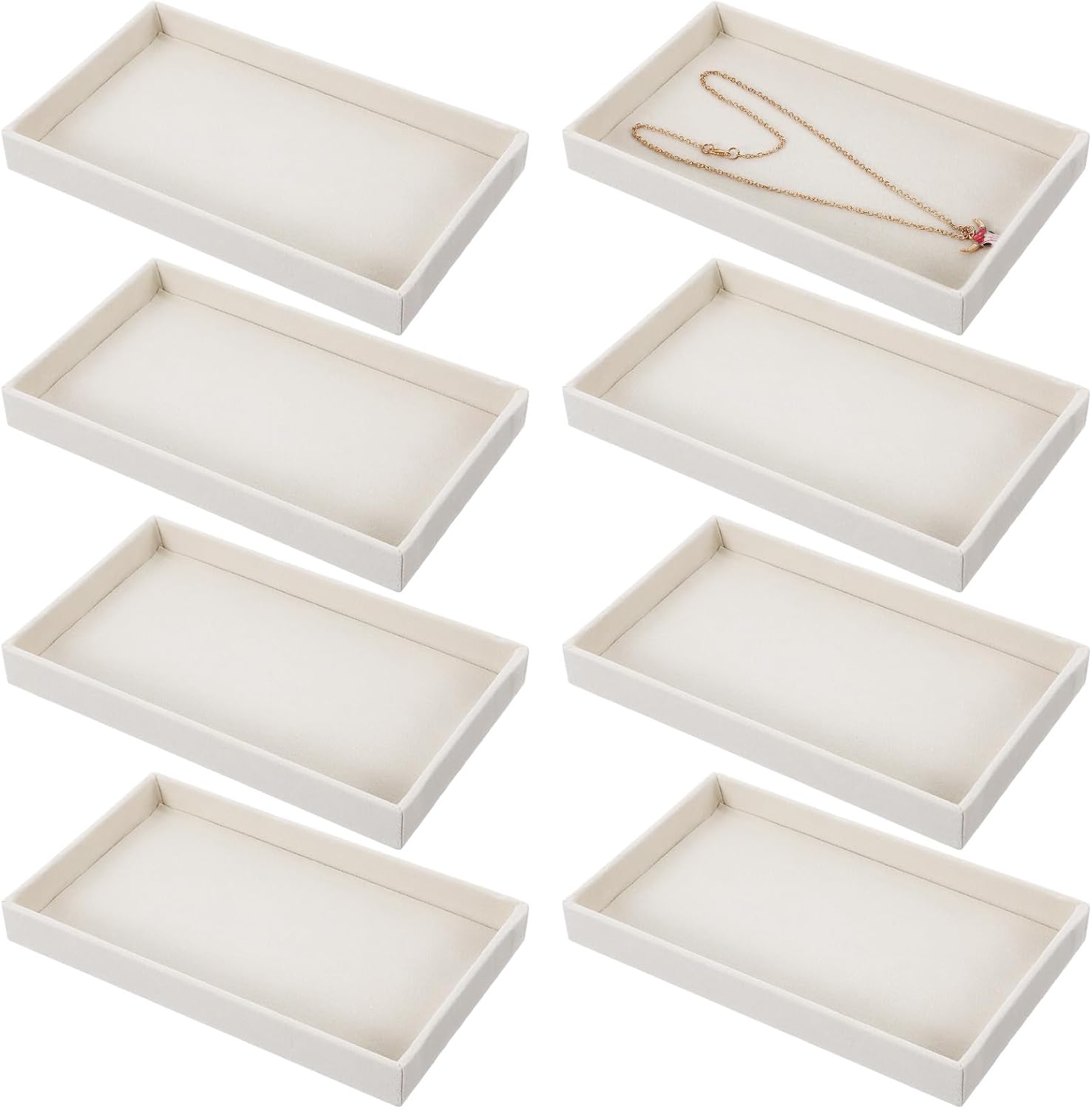 8 Pcs Small Velvet Jewelry Tray Stackable Jewelry Drawers Organizer Trays Jewelrys Storage Trays for Necklace Earring Ring Bracelet 8.3 x 4.8 x 0.87 Inches (Beige)