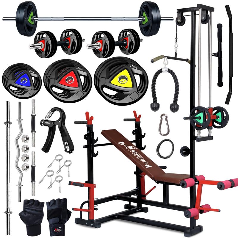 titan-x 20-in-1 adjustable home gym bench set with 40kg rubber coated plates, 5ft straight barbell rod, 3ft curl rod, 14-inch dumbbell rods, gripper, gloves, skipping rope, accessories