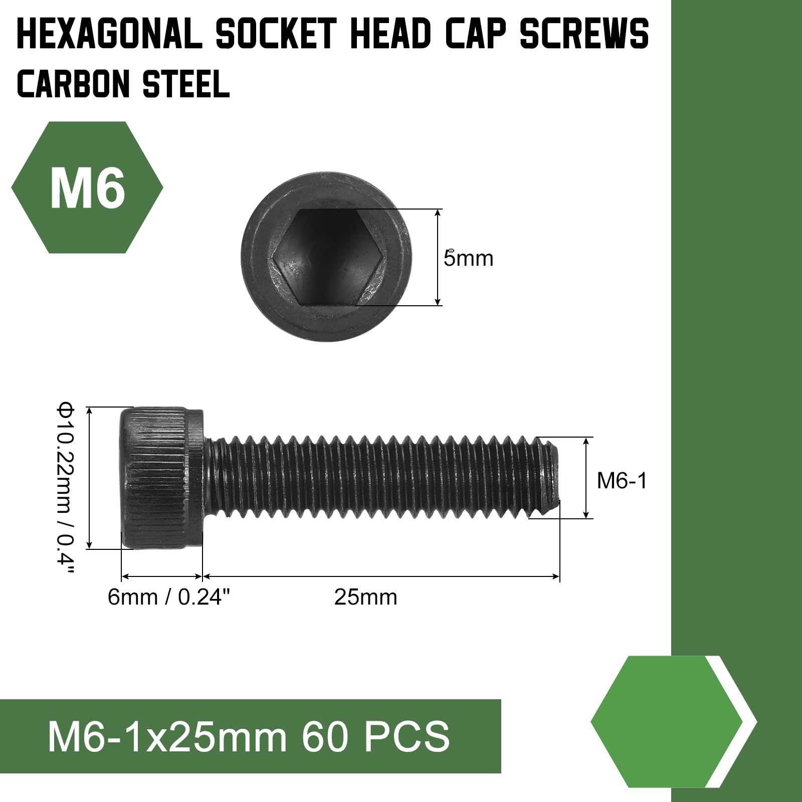 uxcell Hex Socket Bolts (M6-1x25), Grade 12.9 Carbon Steel Hex Socket Drive Screws, Black, 60 Pcs, M6-1x25mm - Image 2