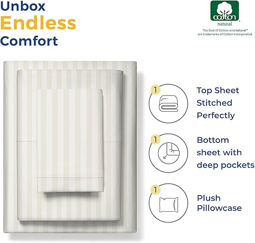 Miniatura 3 de Sábanas de 600 hilos de calidad egipcia 100% algodón a rayas, sábanas de damasco individual para personas que duermen con calor, tejido satinado,