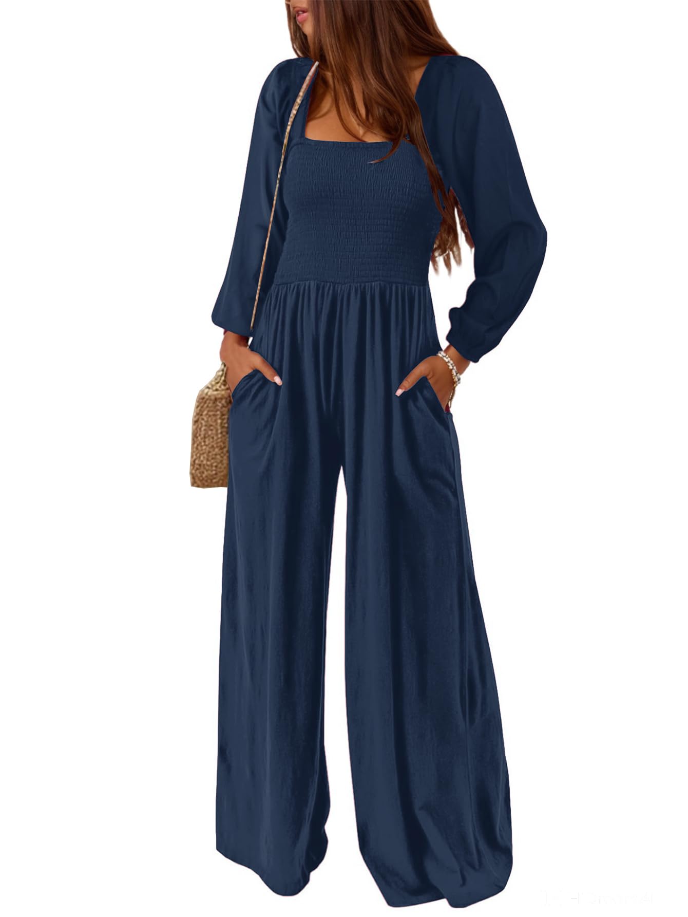 AUXDIO Womens Casual Square Neck Long Sleeve Jumpsuits Loose Smocked Wide Leg Romper with Pockets