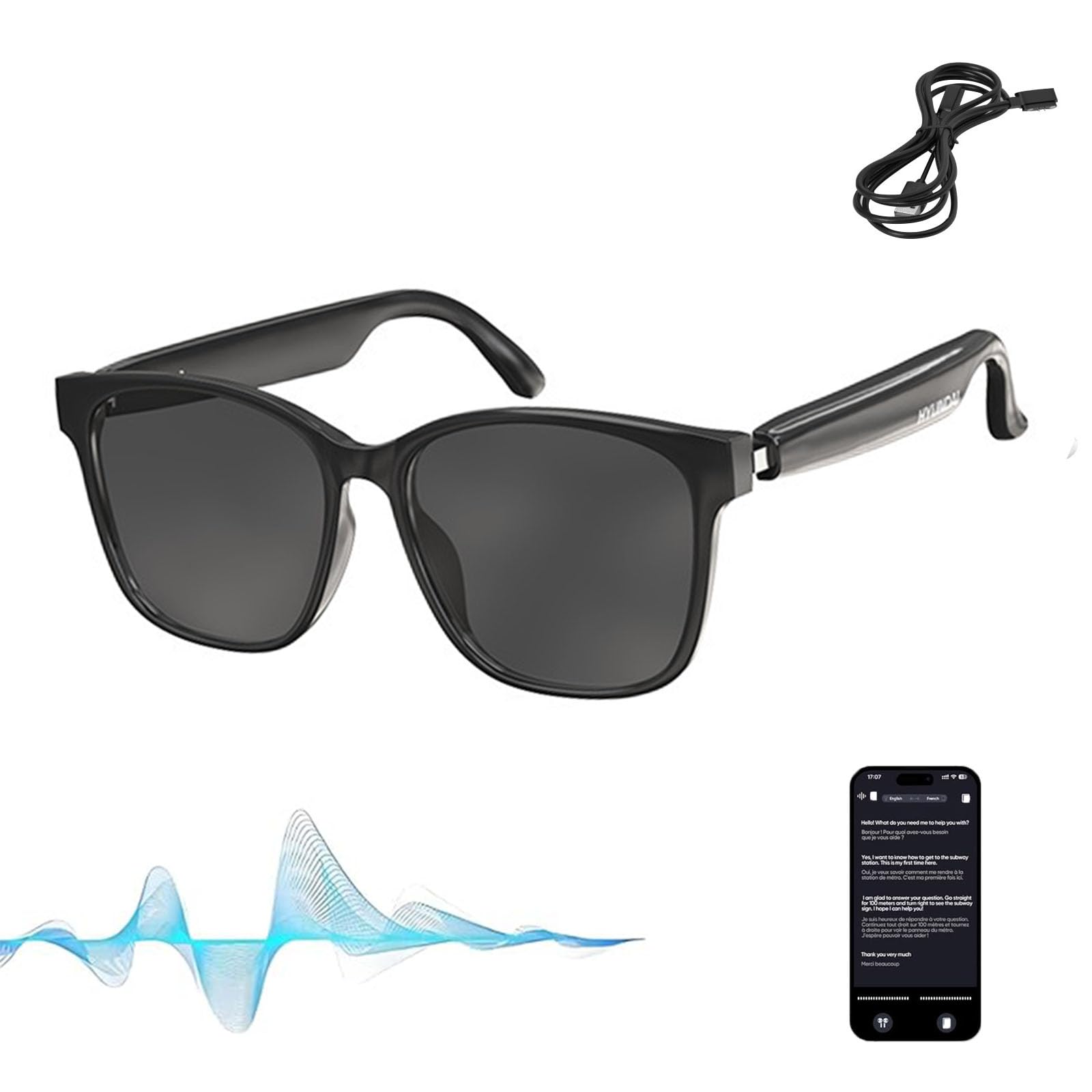 Flippiva Bluetooth Glasses with 144 Language & Accents, Hy-C8 Ai Wireless Bluetooth Translation Glasses, AI Smart Glasses with Camera for Men&Women (Black)