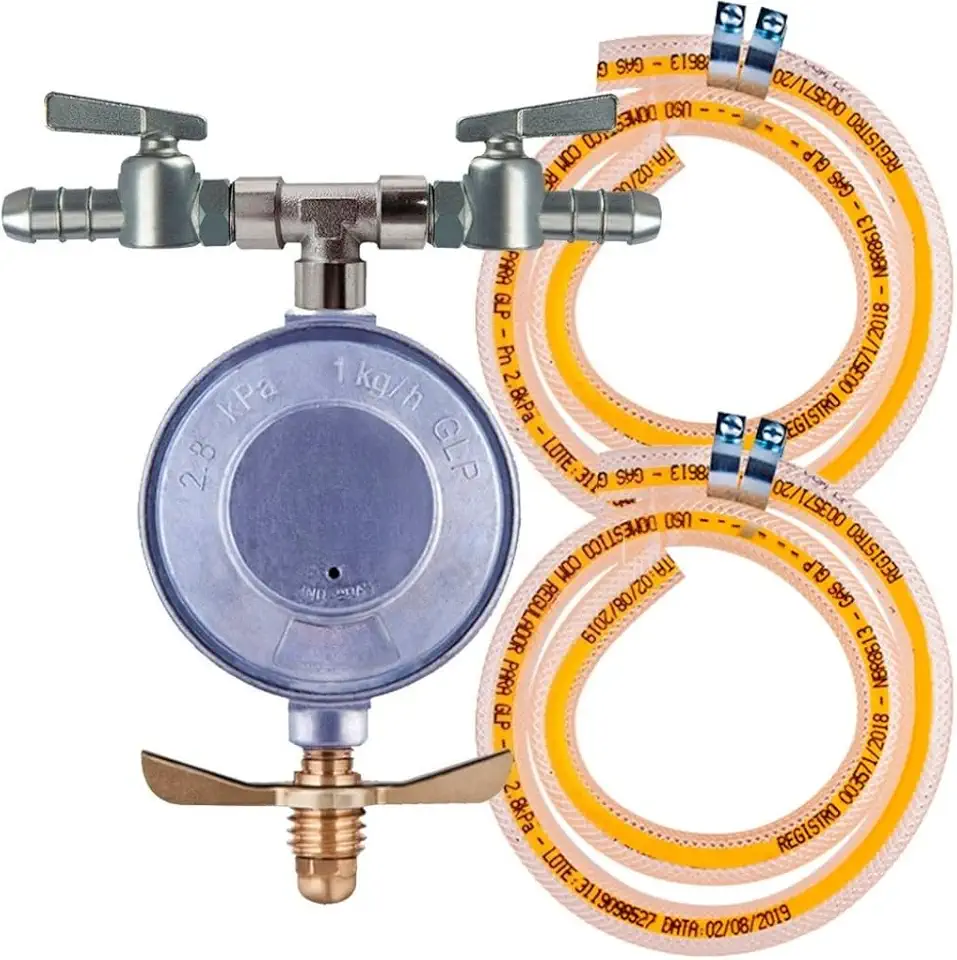 Regulador de Gás 1kg/h Duplo 3/8 BM para Botijão 13kg, Fogão, Forno e Cooktop (Com 2 Mangueiras PVC 1,25m)
