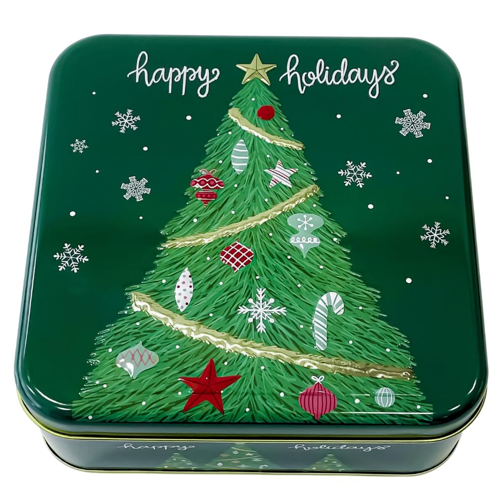 Metal Square Festive Christmas Cookie Tin with Embossed Lid for Gift Giving & Holiday Treats Multipurpose Container for Candy Snacks Holiday Christmas Party Decor Favor Gift Box GREEN GOLD XMAS TREE