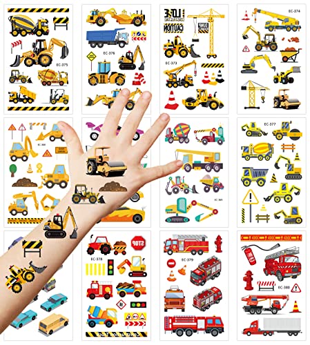 Deen Tattoo Kinder, 12 Blätter Fahrzeug Temporäre Tattoos für Kinder Jungen, Wasserdichte Auto Bagger Baufahrzeug Kinder Tattoos,Kindertattoos für Jungen Mädchen Party Mitgebsel Kindergeburtstags Cover