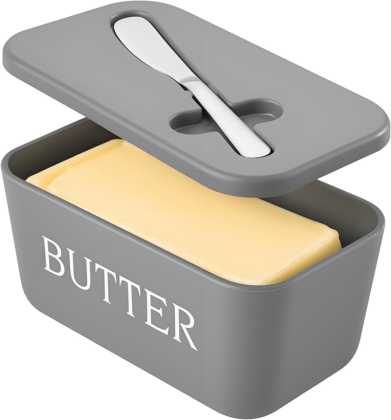 Kyraton Large Plastic Butter Dish with Lid and Knife, Food Grade PP Butter Holder Keeper with Cover for Kitchen Refrigerator Butter Container (Grey)