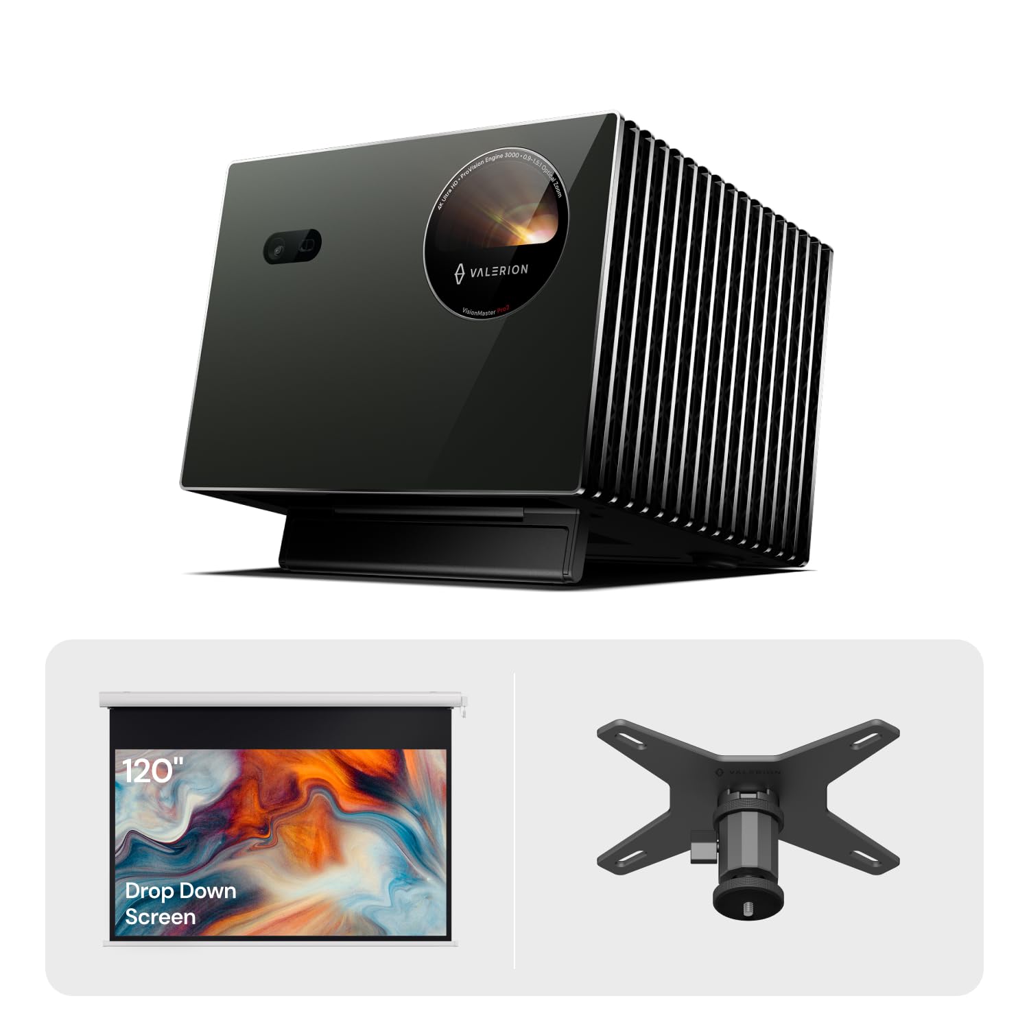 Valerion VisionMaster Pro2 4K Triple Laser Projector Bundle with 120" Rechargeable Waterproof Motorized Projector Screen and Ceiling Mount Conversion Bracket