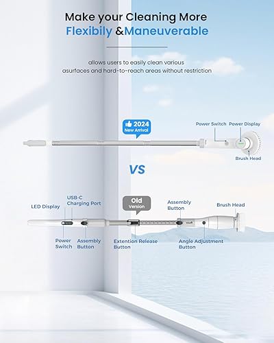 Miniatura 2 de VEWIOR Limpiador eléctrico giratorio, cepillo de limpieza inalámbrico con pantalla y 3 ángulos ajustables, 2 velocidades, 5 cabezales de cepillo