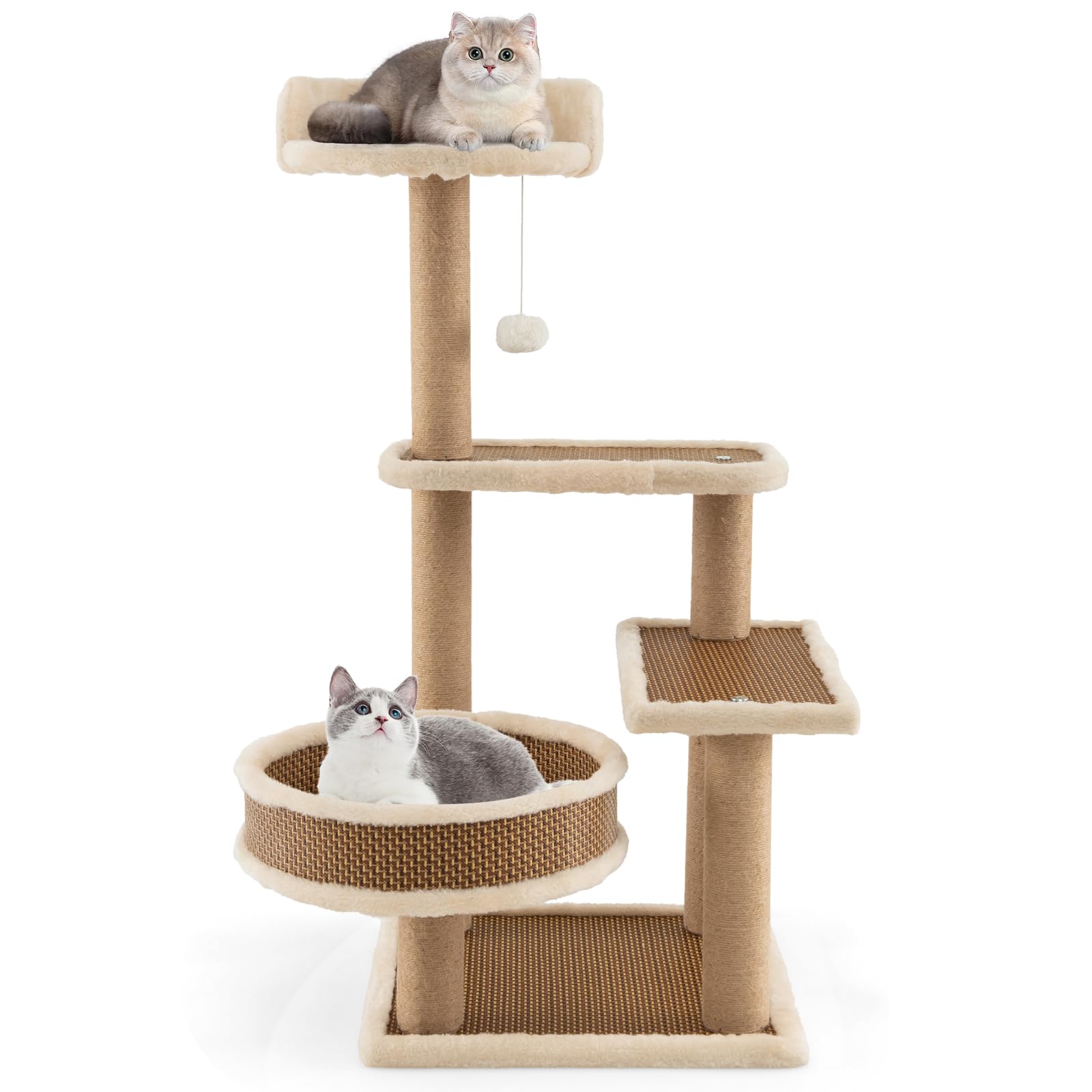COSTWAY Torre para Gatos de Ratán, Árbol para Gatos de Interior con 3 Juguetes Colgantes, Árbol Rascador, Plataforma, Cama Espaciosa, Centro de Actividades con Tapete de Felpa (40 x 40 x 90 cm)