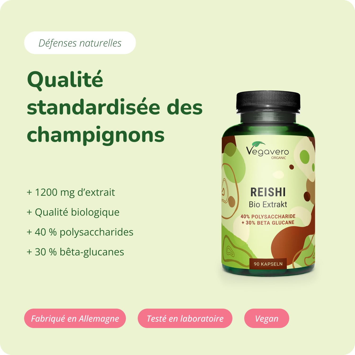 Reishi BIO Vegavero® | 18.000 mg (Extrait 15:1) | 40% Polysaccharides + 30% Bêta-Glucanes | Sans Additifs | VEGAN
