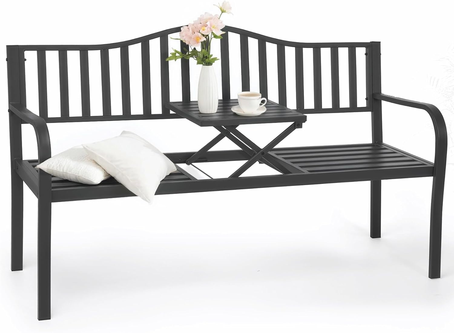 BODIOO Outdoor Metal Garden Bench 59" Patio Bench with Built in Table Park Bench, Outside Bench Weather Proof Front Porch Bench, 500lbs, Gray