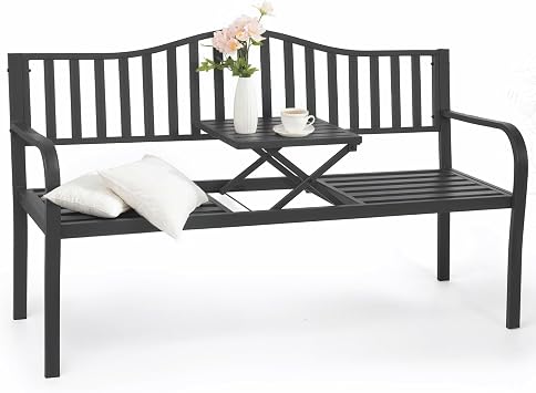 BODIOO Outdoor Metal Garden Bench 59" Patio Bench with Built in Table Park Bench, Outside Bench Weather Proof Front Porch Bench, 500lbs, Gray