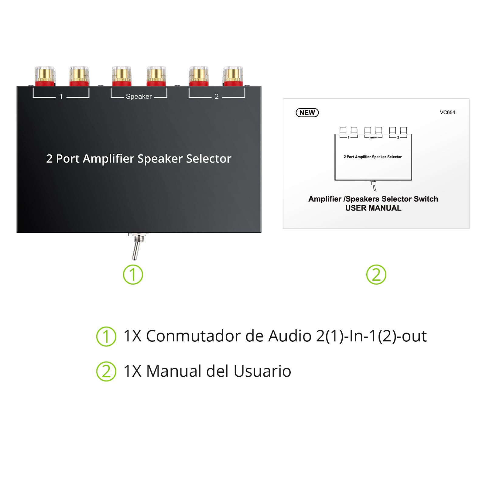 LiNKFOR Conmutador de Audio Bidireccional,Selector de Amplificador 2(1)-In-1(2)-out con 1/2 Switch Conector Banana Chapado en Oro Audio Switcher para Amplificador y Altavoces Pasivos