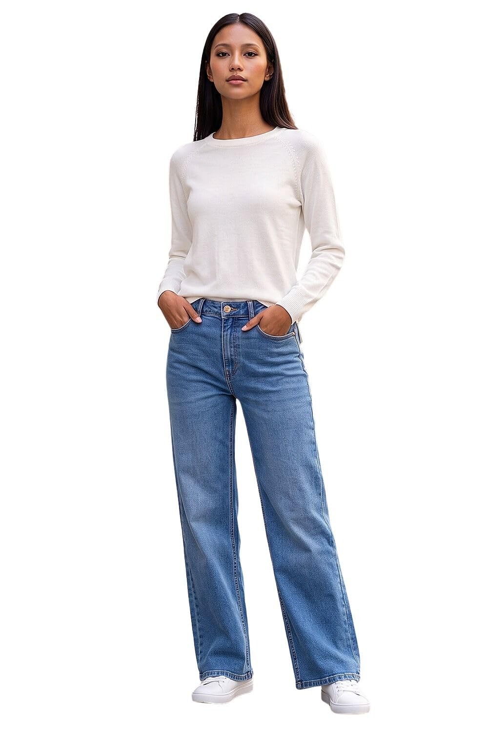 Roman Women's Mid Blue Petite Wide Leg Jeans In | Size: 12