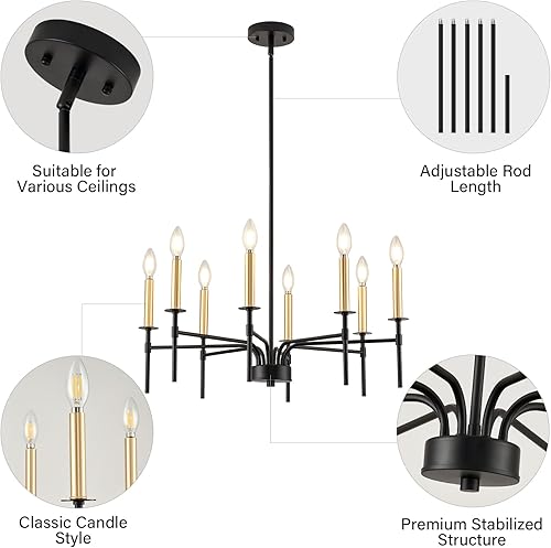 Miniatura 6 de ONESMING Candelabro moderno de granja negro y dorado, accesorios de iluminación de comedor sobre mesa, candelabros grandes de techo colgantes altos