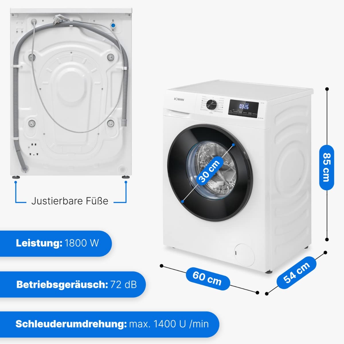 Bomann® Pralka 8 kg, maks. 1400 obr./min, wytrzymały, cichy i trwały silnik inwertorowy, 15 programów prania, wyświetlacz LED, pralka z funkcją pary, WA 7185
