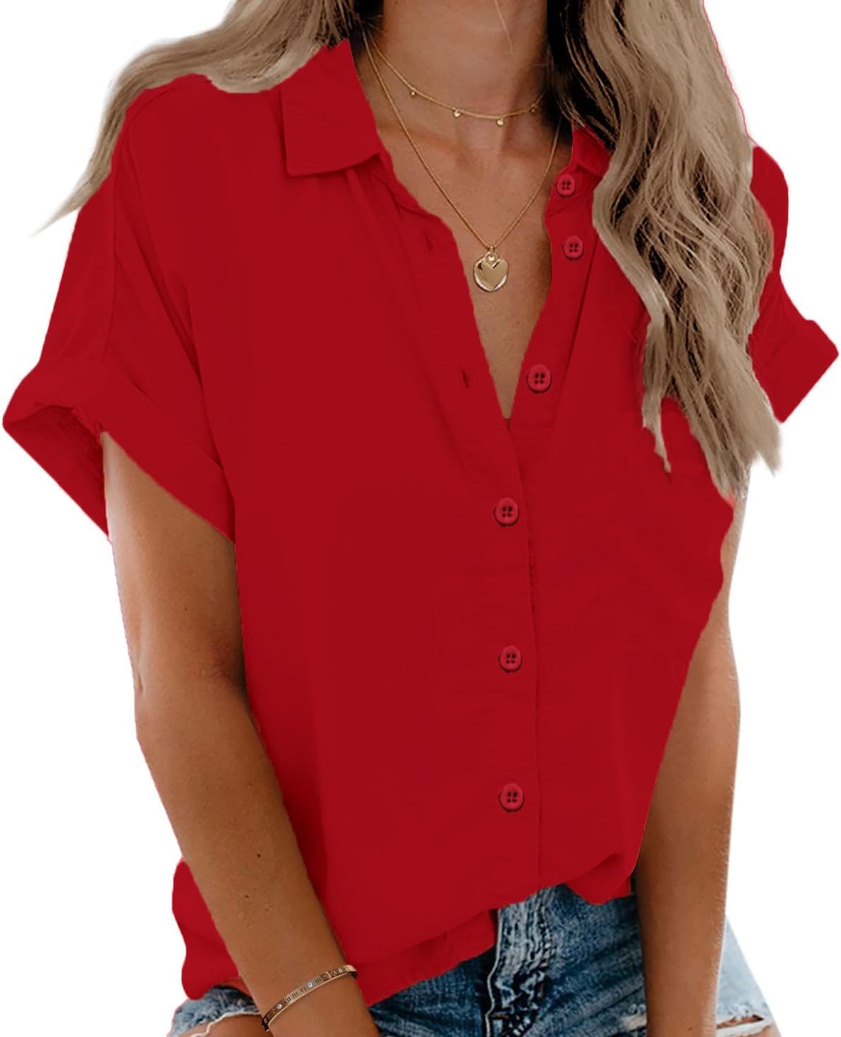 Zeagoo Women’s Button Down Shirts Short Sleeve Casual Oversized Shirts Loose Collared V Neck Blouses