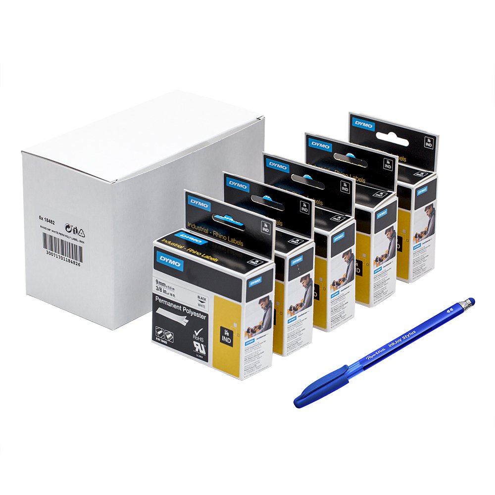 5 x Dymo 18482 Rhino Industrie Polyester Etiketten, selbstklebend, 9 mm x 3,5 Schwarz auf Wei + Papermate Kugelschreiber Geschenk