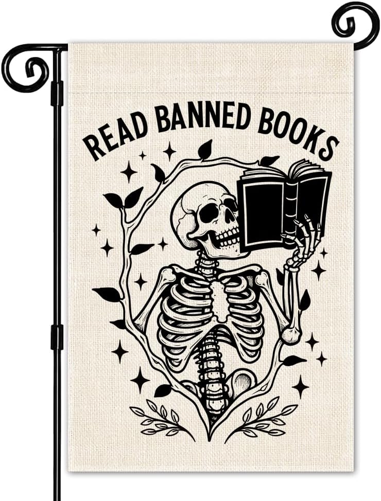 Read Books Garden Flag, Reading Double Sided Yard Outdoor Farmhouse Lawn Porch Decor Flag, Funny Skeleton Reading Banner, Book Club Gifts for Reading Lovers, Bookish Garden Decor For Bookworms
