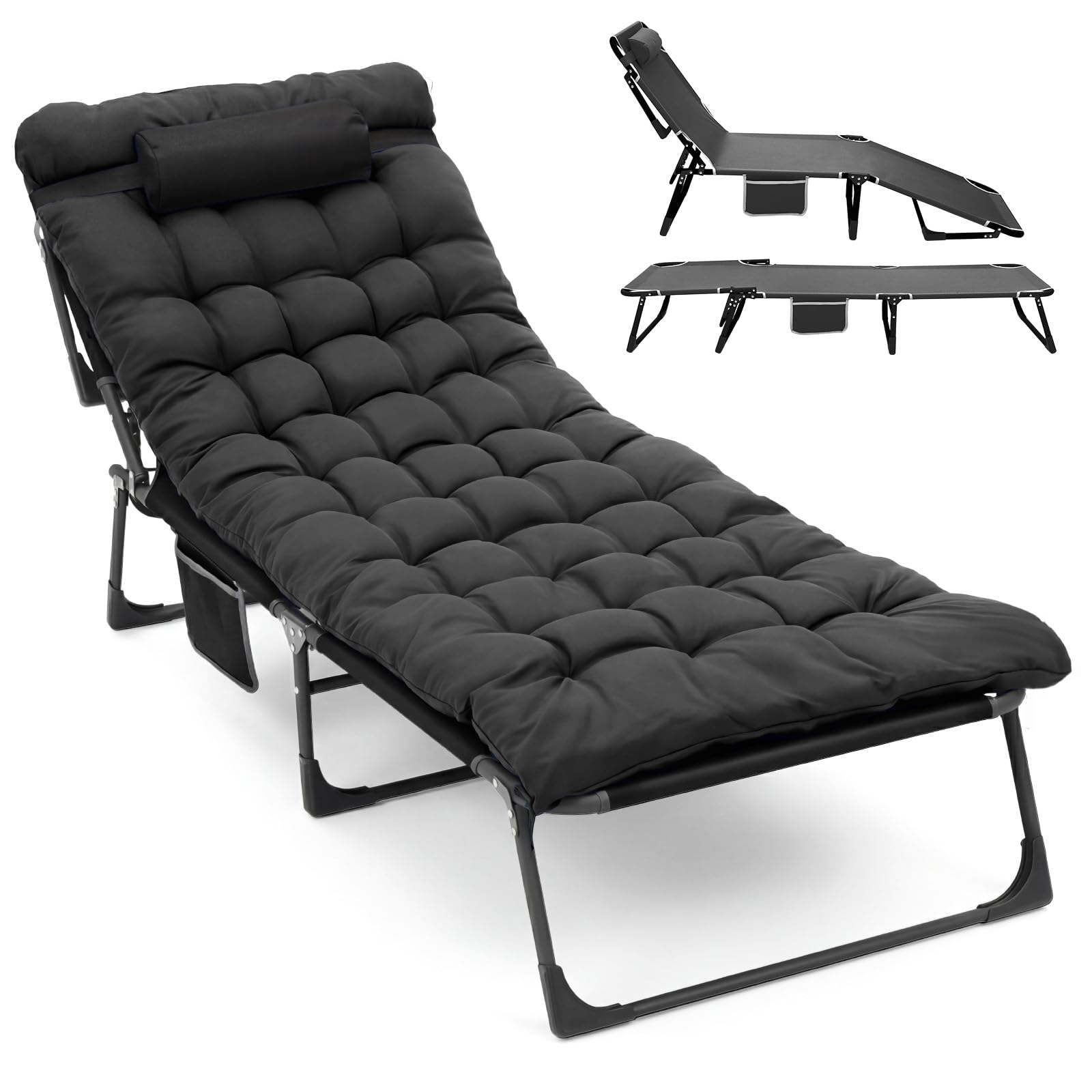 The Fellie Camping Cot for Adults, Support 440LBS Portable Sun Lounger with Mattress, 4-Position Adjustable Backrest Foldable Bed, Fishing Bedchair, Camp Bed for Home Office Nap Beach Travel, Black