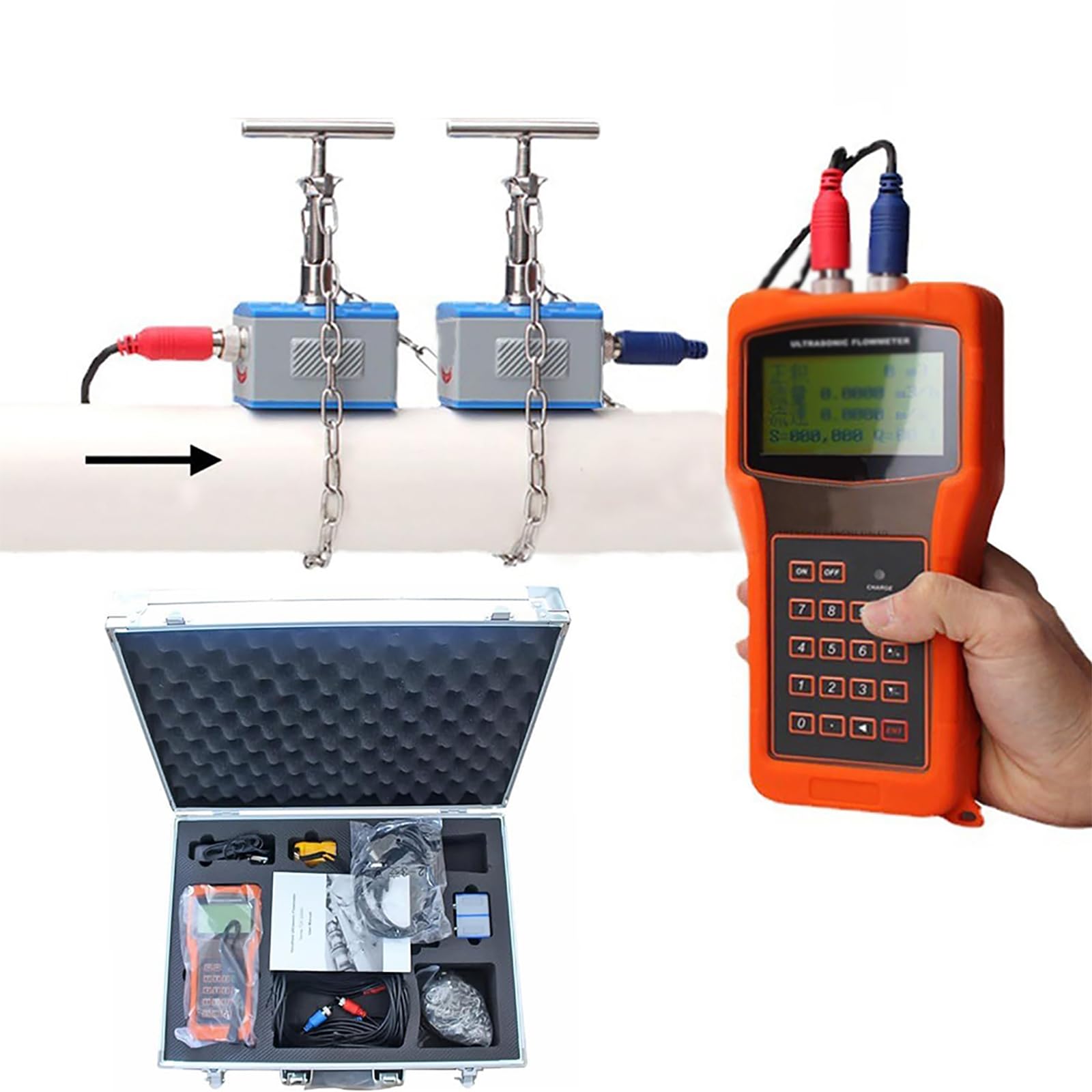 Medidor de flujo ultrasónico portátil, dispositivo de mano con monitor LCD, a prueba de polvo e impermeable para aplicaciones industriales, de aguas residuales, agua de mar y alcohol