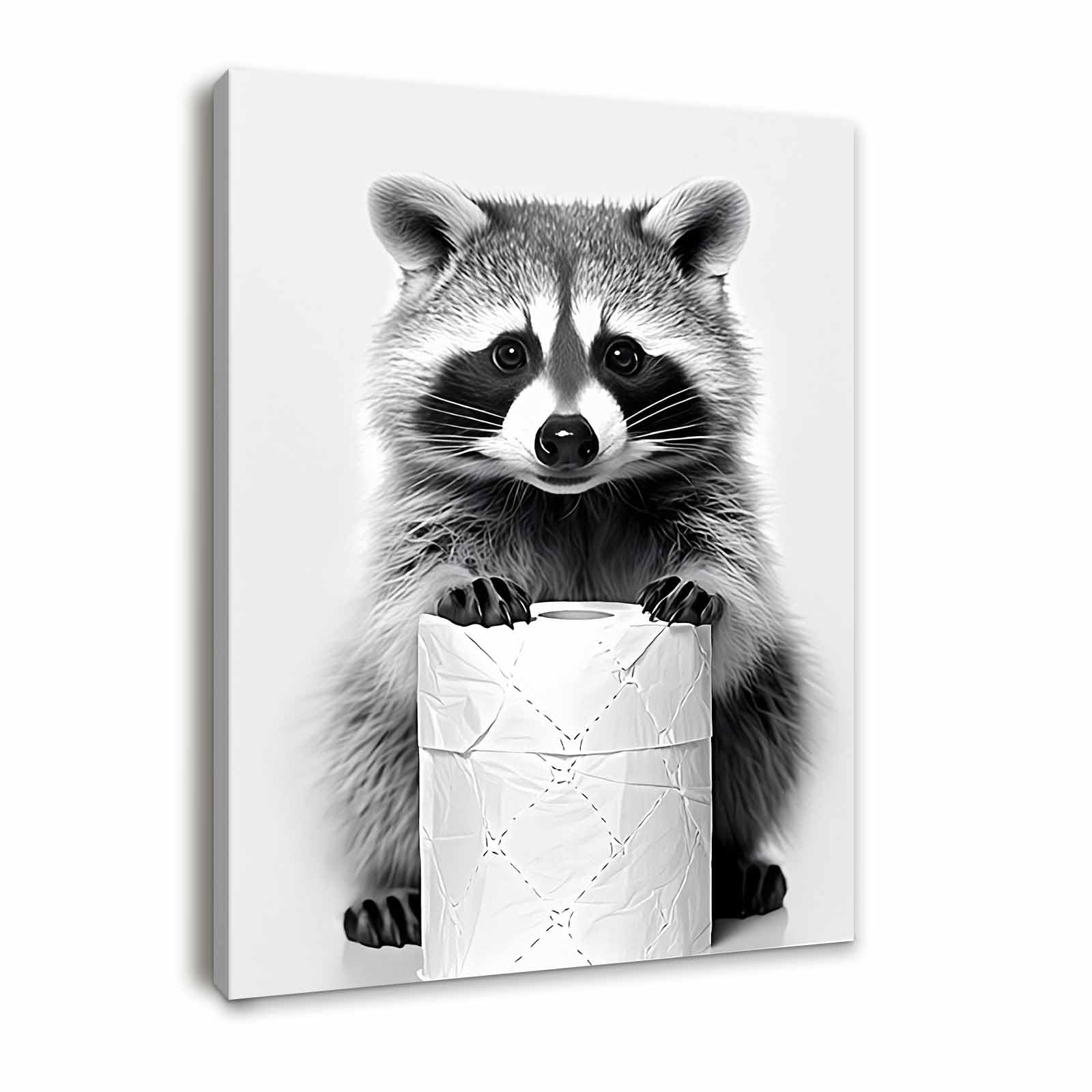 Galmcook Bathroom Wall Art Framed Canvas, Funny Raccoon Toilet Decor, Animal Canvas Artwork for Bathroom, Humorous Pictures and Prints with Hooks and Magic Tape, 12x16 Inch