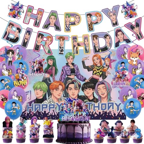 51 PCS For K-pop Birthday Decorations Set Party Supplies Include Banner Balloons Hanging Swirls Cake Cupcake Toppers Tablecloth for Boys Girls Hunters Theme Party