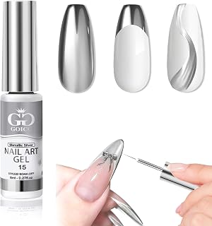 Metallic Gel Nail Polish Sliver Gel Liner For Nail Art Chrome Silver Nail Polish 8ml 3D Mirror Chrome Effect Painting with Thin Brush French Nail Design Curing Requires