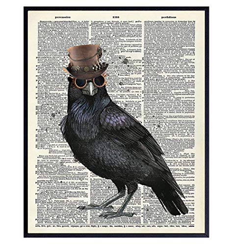 Steampunk Edgar Allan Poe The Raven Wall Art - Gothic Home Decor - Goth Room Decor - Renaissance Hipster Dictionary Art Accessories for Bedroom, Living Room - Hipster Gift for Men, Women