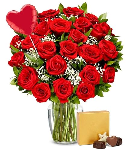 From You Flowers - Two Dozen Red Roses + Heart Balloon + Chocolate with Glass Vase | Fresh Flower Bouquets for Birthday, Anniversary, Get Well or Celebration
