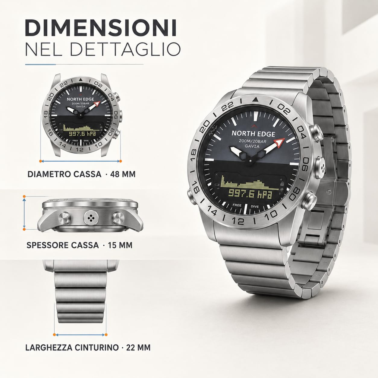 NORTH EDGE GAVIA Pilot Watch Orologi di lusso in acciaio inox analogico digitale per gli uomini Altimetro Bussola Outdoor Sport Business Watch impermeabile 200m | Analogico-digitale in acciaio con resistenza all'acqua 200 m, altimetro, barometro, termomet