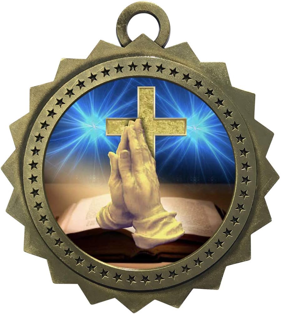 10 PK of Religious Gold Medals Trophy Award with Neck Ribbons D03-D75