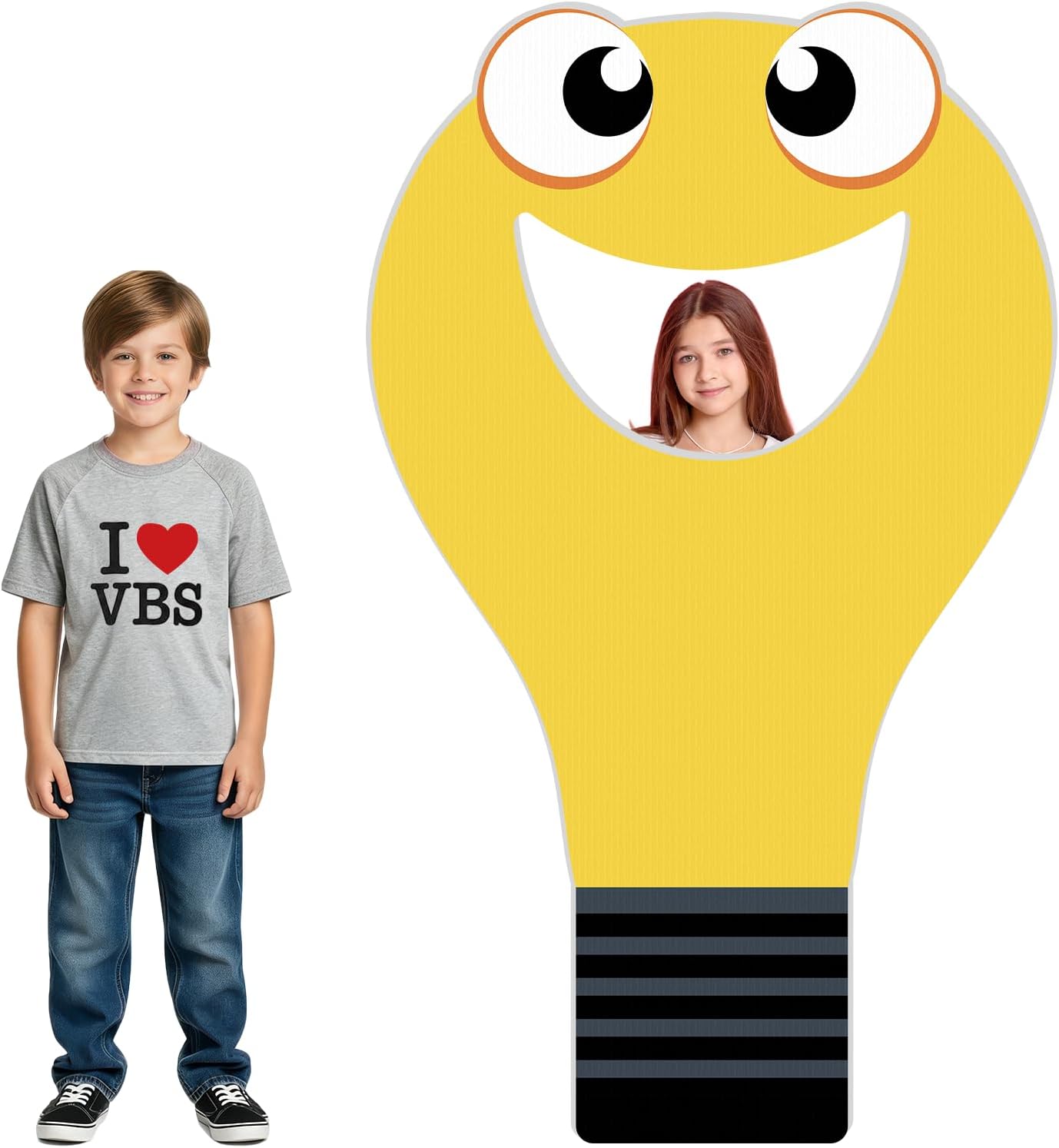 4.92 FT VBS Light Bulb Photo Booth Prop Smiling Face Lightbulb Cardboard Cutout Standup Jesus Christian Birthday Backdrop for Vacation Bible School Religious Light Bulb Classroom Party Decor