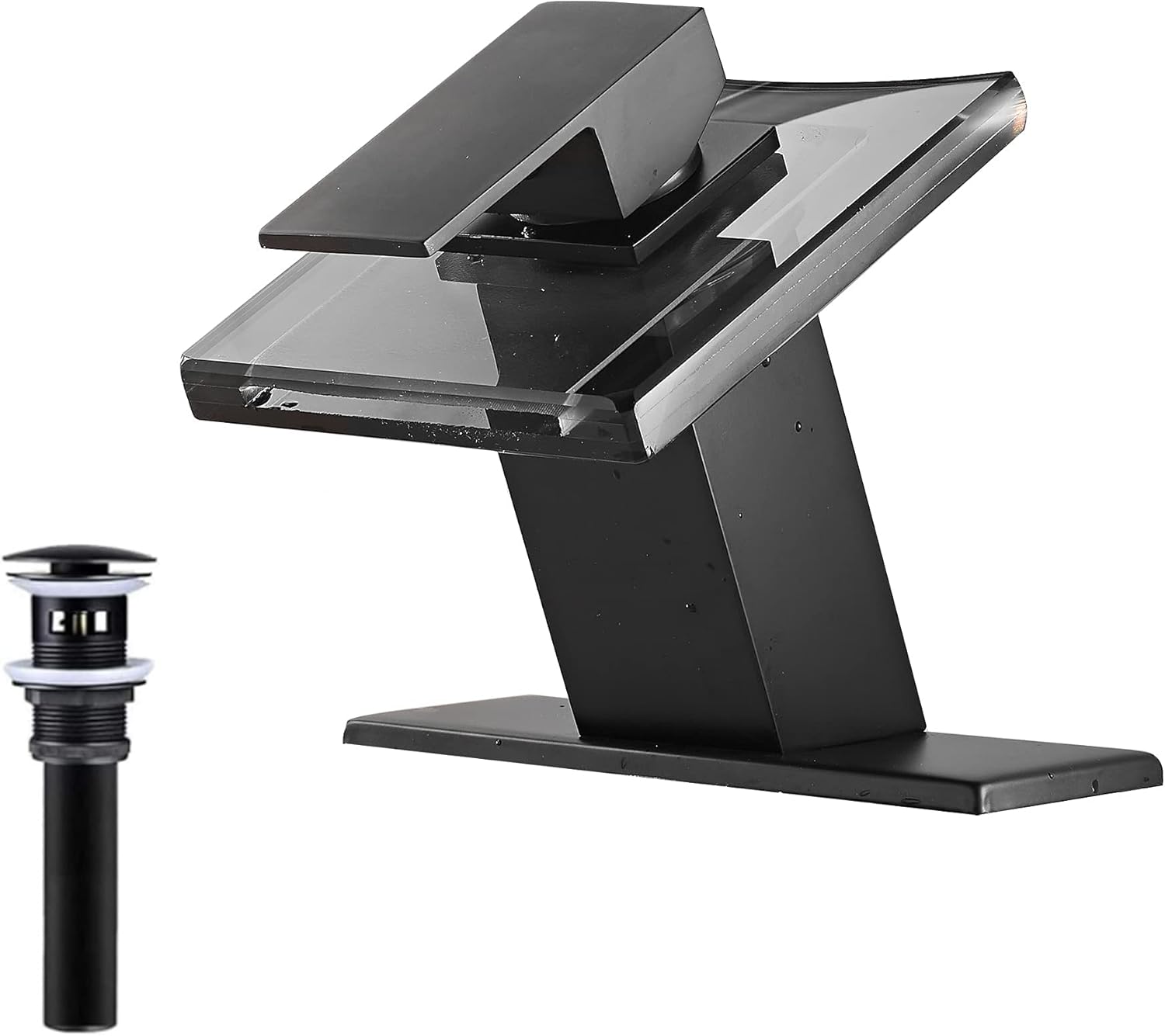 Black Bathroom Faucet Come with Overflow Pop Up Drain Glass Waterfall Spout Basin Faucet Single Handle One Hole Faucet for Bathroom Sink Modern Bath Faucet Deck Mount