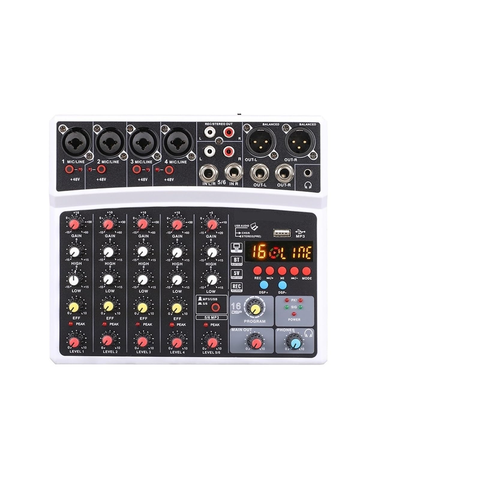 Mezclador de audio, Mezclador de audio inalámbrico 6 canales, consola mezcla portátil, interfaz USB, tarjeta sonido con 16 DSP Echo y alimentación fantasma 48 V(06D-White)