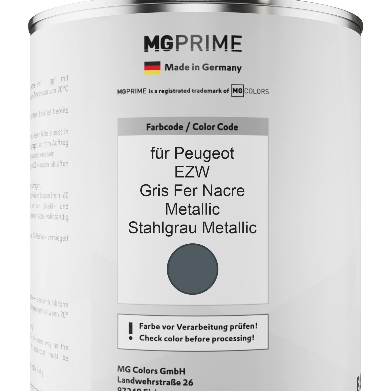 MG PRIME Peinture voiture kit de pot pour Peugeot EZW Gris Fer Nacre Metallic/Iron Grey Pearl Metallic couche de base vernis 2C durcisseur prêt à pulvériser 2,5l