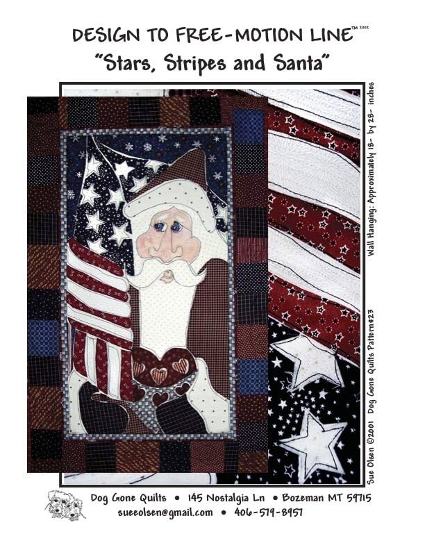 Generic Stars, Stripes and Santa Quilt Pattern, Approximately Size 18” x 28”, Design to Free-Motion Line from Dog Gone Quilts