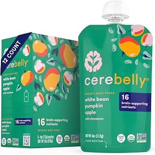 Cerebelly Baby Food Pouches – White Bean Pumpkin Apple (4 oz, 12 Count) Toddler Snacks - 16 Brain-supporting Nutrients from Superfoods - Healthy Snacks, Gluten-Free, BPA-Free, Non-GMO, No Added Sugar