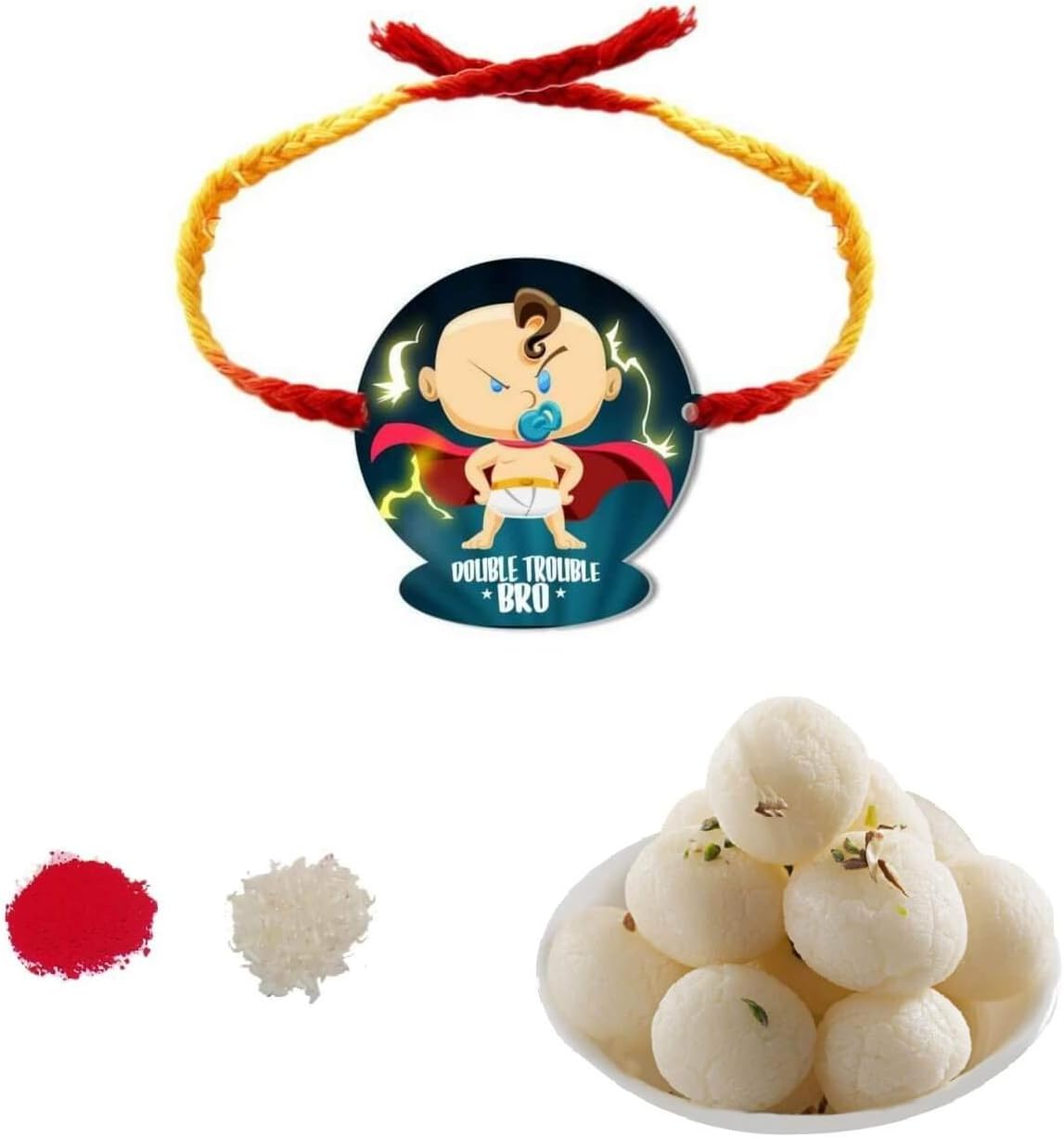 Yaya Cafe Rakhi Sweets Gift Combo for Little Brothers, Double Trouble Bro Rakhi, Rasgulla, Gift Combo Raksha Bandhan