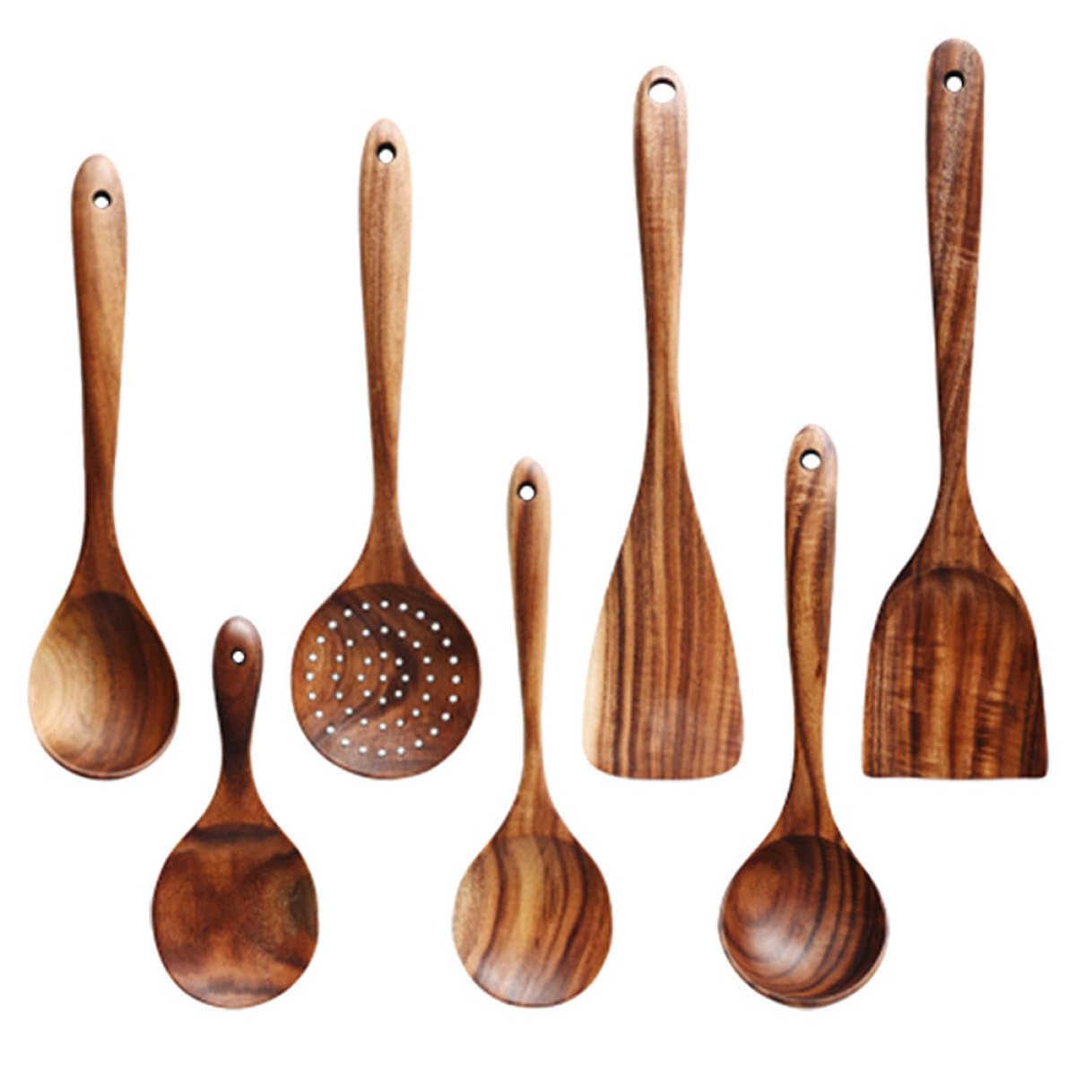 Set Cucchiai in Legno di Acacia 4 Pezzi Manico lungo Cucchiaio per Insalata Utensili da Cucina Multifunzionali per Uso Quotidiano