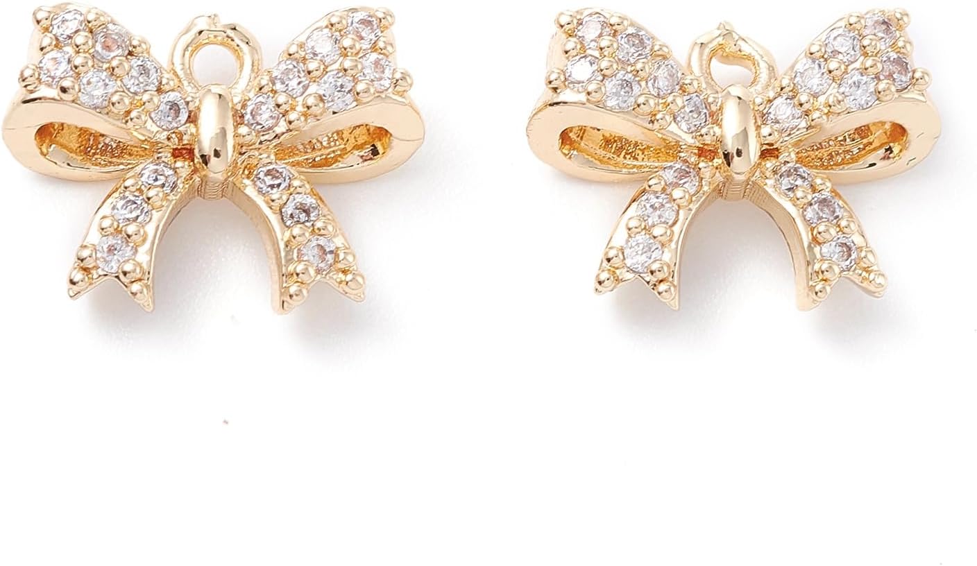 KitBeads 20Pcs Cubic Zirconia Mini Bowknot Charms Brass Lovely Bow Tie Real 18K Gold Plated Pendants for Jewelry Making Bracelets Earrings Necklace Bulk
