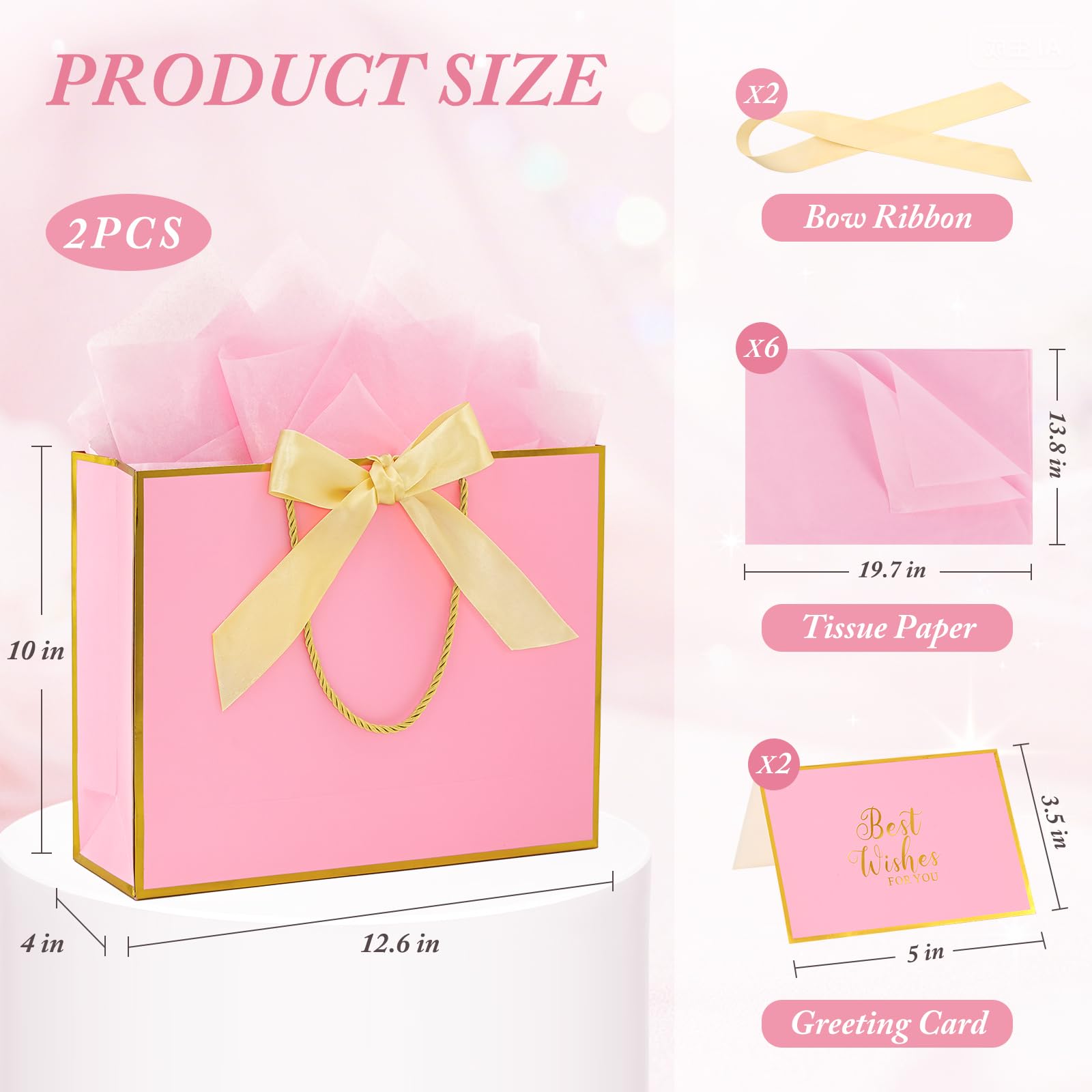 Addblu 2 Pack Large Gift Bags with Handles & Tissue Papers, 12.6×10×4 Inches Thank You Gift Bags with Cards for Mother’s Day, Birthday, Baby Shower, Wedding & Bridesmaids (Pink Gift Bag, 2 PCS)