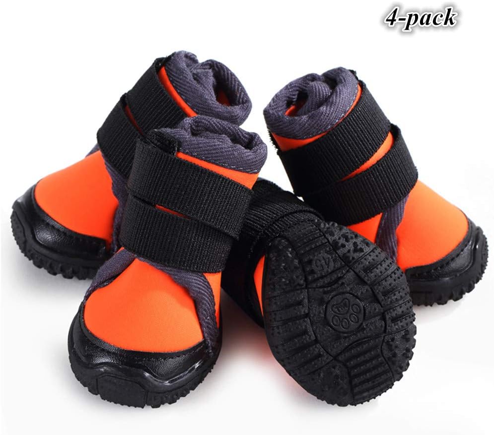 Hdwk&Hped Waterproof Small Dog Boots Durable Dog Hiking Shoes for All Seasons, with Rugged Anti-Slip Sole Cosy Fabric Orange #45, 4-Pack