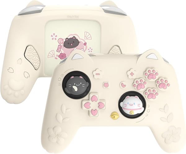 PlayVital for Nintendo Switch 2 Pro Controller Silicone Cover – Cherry Blossoms Kitten Cute Protective Skin Case for Switch 2 Pro Controller w/Back Button Cap & Thumb Grip & Sticker - Antique Yellow - 1