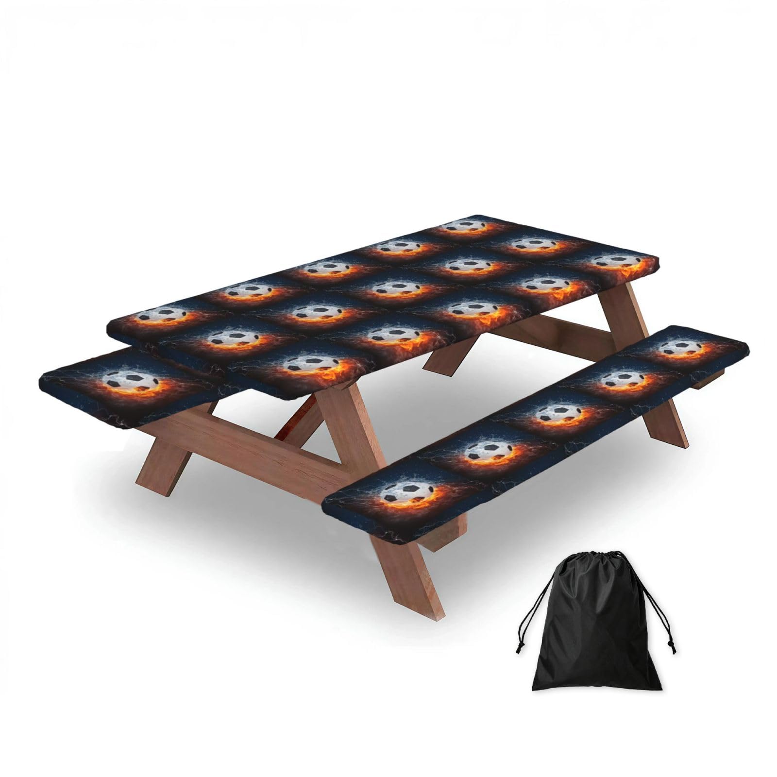 Dopklna As Picture Football In Water And Fire, Picnic Table Cover With Bench Covers -Waterproof Elastic Fitted Tablecloth For Garden Camping Patio 76X152cm