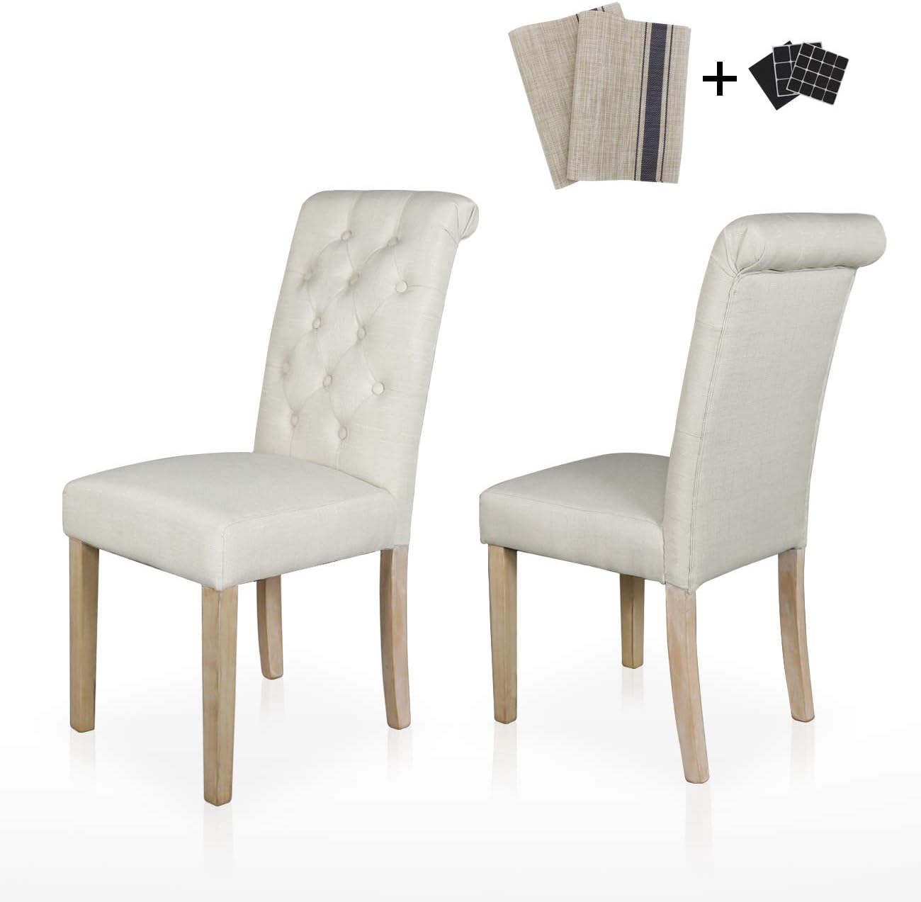 JIASTING Dining Chairs Set of 2 Fabric Upholstered Lounge Chair Tufted Backrest Padded Solid Wood Legs Kitchen Dining Furniture(Beige Straight Leg-2)