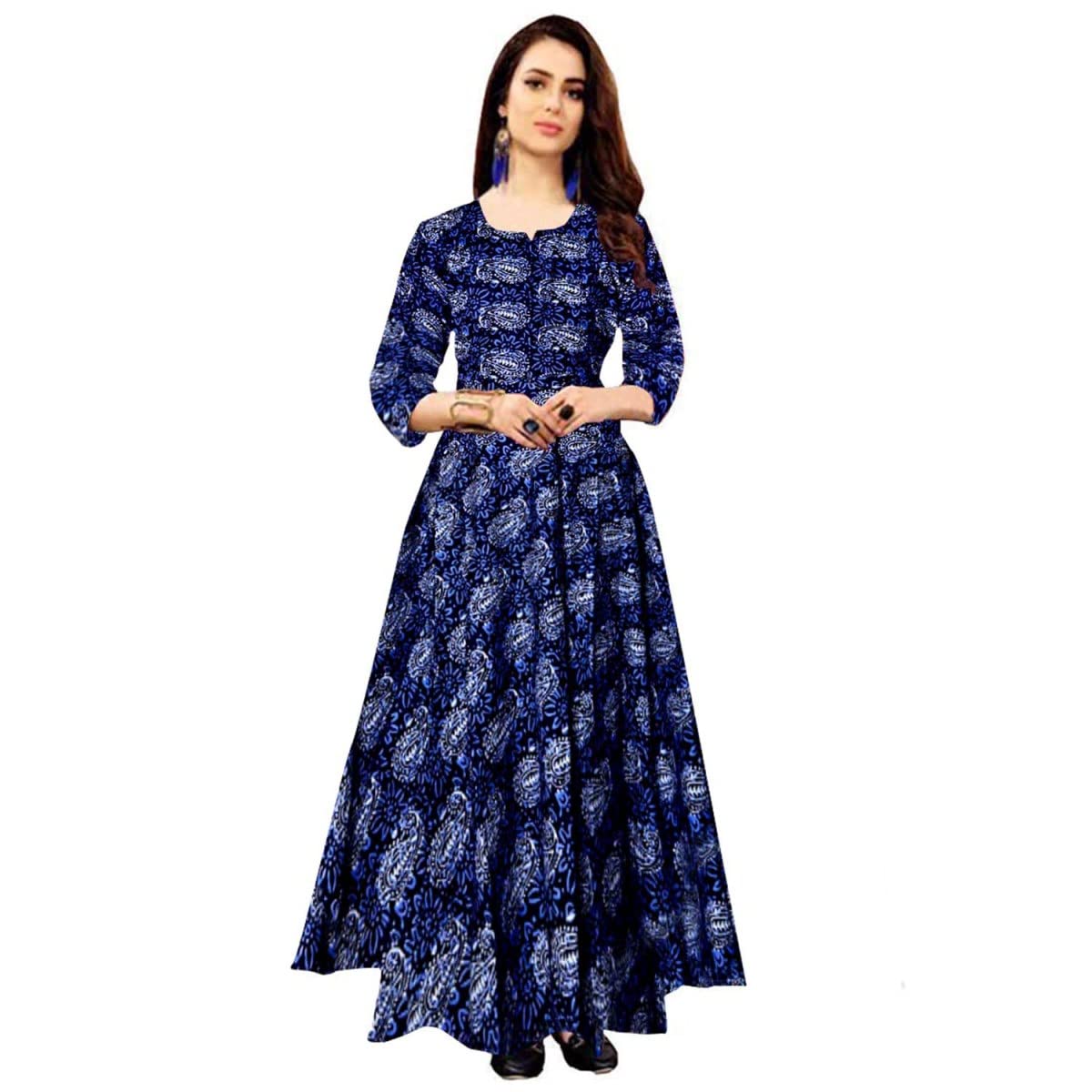 Women's Full Sleeves Fit and Flare Rayon Printed Long Gown (Free Size Upto XXL)