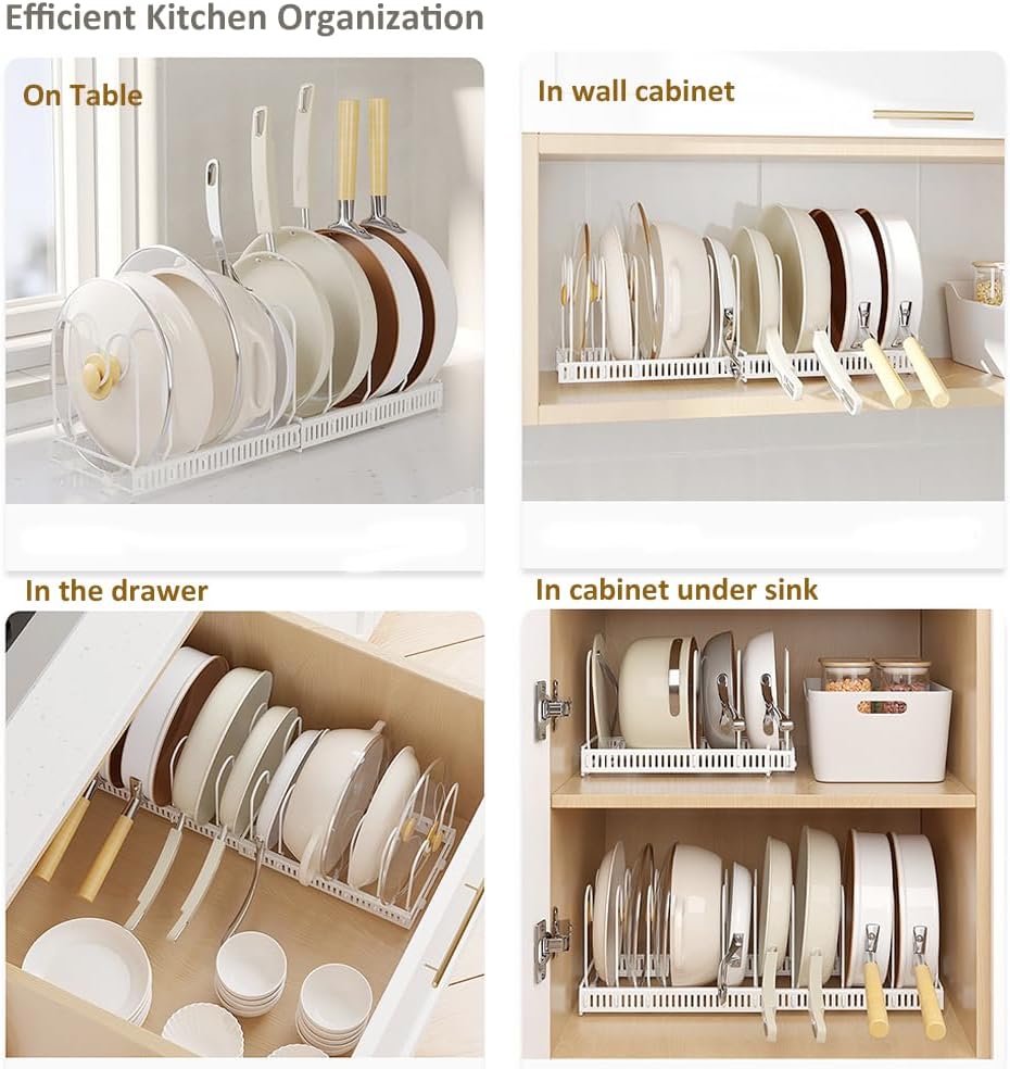 Expandable Pot and Pan Organizer Rack with 10 Adjustable Compartments for Kitchen Storage