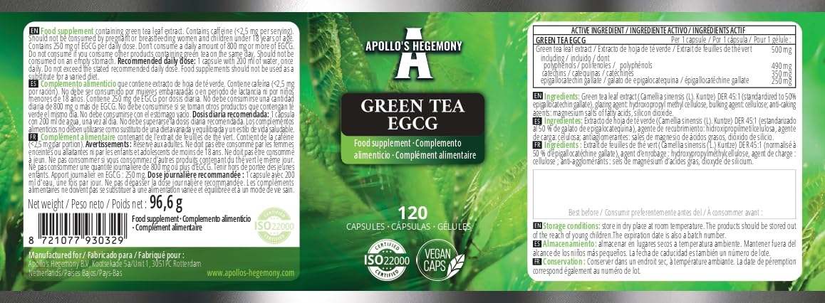 Estratto di tè verde 500 mg, contiene il 50% di EGCG e il 98% di polifenoli, 120 capsule vegane, 4 mesi di fornitura, bruciagrassi naturale, supporto antiossidante - da Apollo's Hegemony